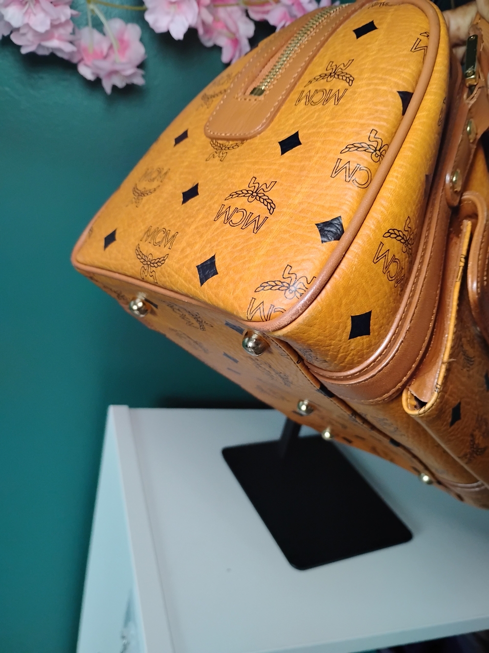 MCM Cognac Monogram Visetos Dome Satchel with Gold Hardware - Picture 8 of 10